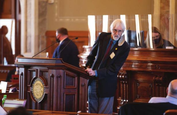 A chorus of boos and jeers came down from the House gallery, as the Rep. Boog Highberger suggested the Legislature’s focus was misplaced. (Pool photo by Evert Nelson/Topeka Capital-Journal)
