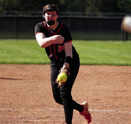 Independence High School senior starting pitcher Caitlyn Felton brings one to the plate during the top of the fifth inning of the Lady Bulldogs' close home loss to Labette County on Friday, April 12. Nick Dailey | Staff Photo