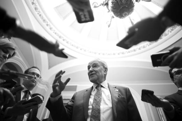 Senate Majority Leader Charles Schumer, D- N.Y., talks reporters as he returns to the U.S. Capitol following meetings at the White House on Tuesday, Feb. 27, 2024, in Washington, D.C. (Chip Somodevilla/Getty Images/TNS)
