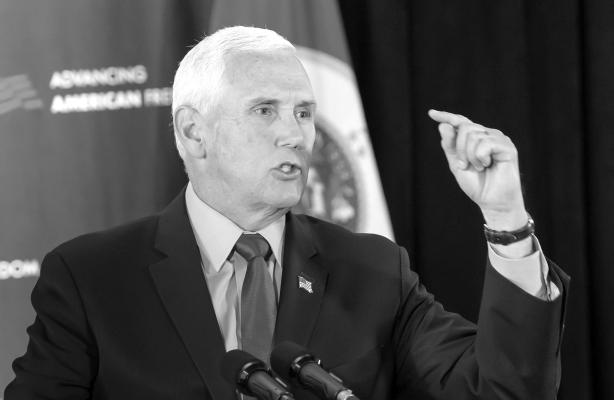 Former Vice President Mike Pence speaks at the Minneapolis Club as part of a push to rally supporters against gender-affirming school policies on Feb. 15, 2023, in Minneapolis. (Glen Stubbe/Minneapolis Star Tribune/TNS)