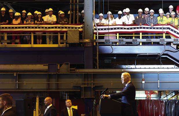 U.S. President Joe Biden speaks on renewable energy at the Philly Shipyard on July 20, 2023, in Philadelphia, Pennsylvania. Biden attended a ribbon cutting at the shipyard for a new offshore wind vessel called the Acadia which will be employed in the building of offshore wind farms. (Spencer Platt/Getty Images/TNS)