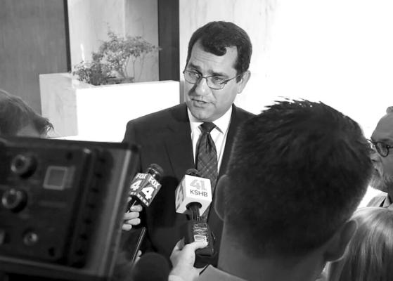 Kansas Attorney General Derek Schmidt answers questions from the news media after a hearing in May at the Kansas Supreme Court. The Republican candidate for governor issued a legal opinion that says the upcoming vote won’t affect treatment for ectopic pregnancies. (Thad Allton for Kansas Reflector)