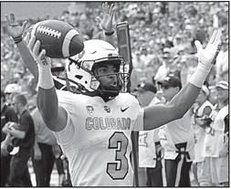 Colorado running back Dylan Edwards (3) celebrates his touchdown during the first half against TCU in Fort Worth, Texas, on Sept. 2, 2023. Chitose Suzuki | Dallas Morning News | TNS