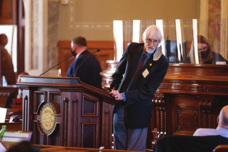 A chorus of boos and jeers came down from the House gallery, as the Rep. Boog Highberger suggested the Legislature’s focus was misplaced. (Pool photo by Evert Nelson/Topeka Capital-Journal)