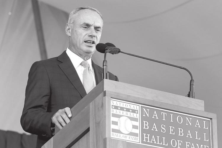 MLB commissioner Rob Manfred speaks at Clark Sports Center during the Baseball Hall of Fame induction ceremony on July 29, 2018, in Cooperstown, N.Y. Jim McIsaac | Getty Images | TNS