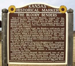 BLOODY BENDERS- Surrounded by scenic countryside and looming wind turbines, the rest stop at Highways 400 and 169 serves as a respite for weary travelers and gives them a history lesson at the same time. This one is about the Bloody Benders, Southeast Kansas’ notorious Old West serial killing family. Historical Marker Database | Courtesy Photo