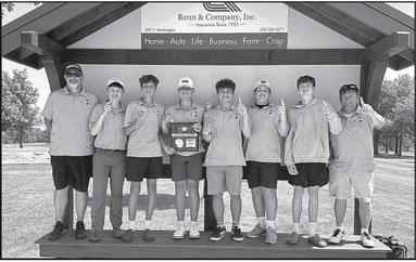 STATE BOUND BULLDOGS — The Independence High School golf team won Regionals for the fourth year in a row at Wellington on Tuesday, May 14 and will send all six players to the KSHSAA Class 4A State Tournament in McPherson next week. Pictured (L to R): Assistant Coach Dale Reynolds, sophomore Mason Lawrence, junior Cam Mavers, sophomore Ethan Small, senior Dusten Fischer-Asgari, junior Tanner White, sophomore Ethan Messenger and Head Coach Max Bradbury. | Courtesy Photo
