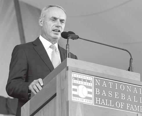 MLB commissioner Rob Manfred speaks at Clark Sports Center during the Baseball Hall of Fame induction ceremony on July 29, 2018, in Cooperstown, N.Y. Jim McIsaac | Getty Images | TNS