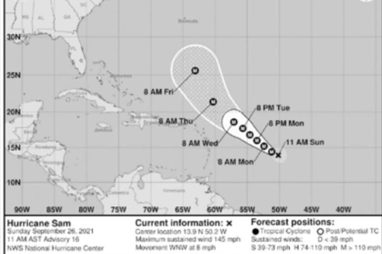 Forecasters say Hurricane Sam's intensity is expected to drop as it encounters storm-shredding wind shear this week, but it's expected to remain a major hurricane for at least the next five days. (National Hurricane Center/TNS)