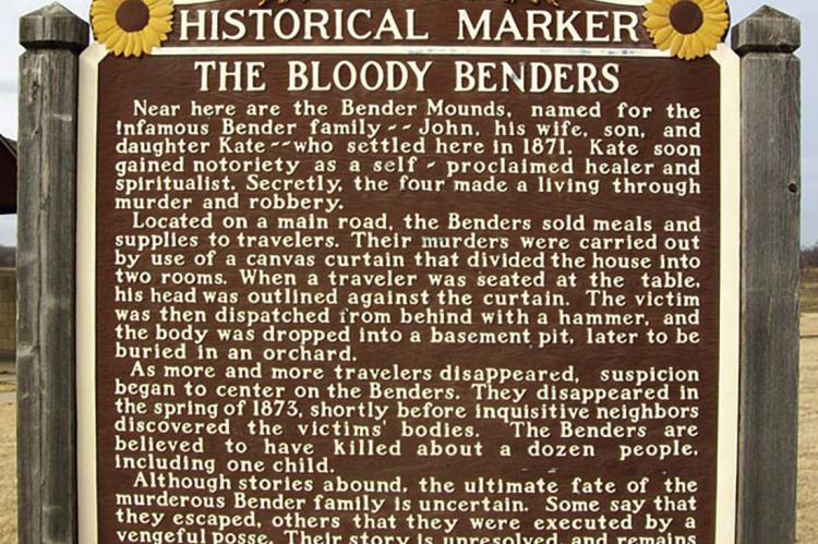 BLOODY BENDERS- Surrounded by scenic countryside and looming wind turbines, the rest stop at Highways 400 and 169 serves as a respite for weary travelers and gives them a history lesson at the same time. This one is about the Bloody Benders, Southeast Kansas’ notorious Old West serial killing family. Historical Marker Database | Courtesy Photo