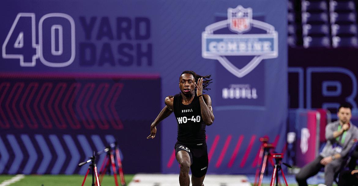 Wide receiver Xavier Worthy of Texas participates in the 40-yard dash during the NFL Combine at Lucas Oil Stadium on March 2, 2024, in Indianapolis. Stacy Revere | Getty Images | TNS